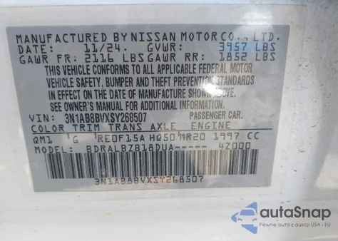 2025 Nissan Sentra S z USA, uszkodzony, nr VIN 3N1AB8BVXSY268507